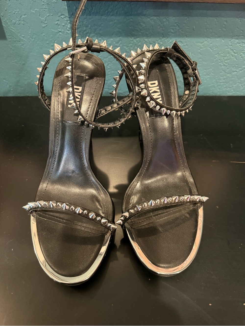 DKNY Black Studded Ankle-Strap Heels with Silver Trim